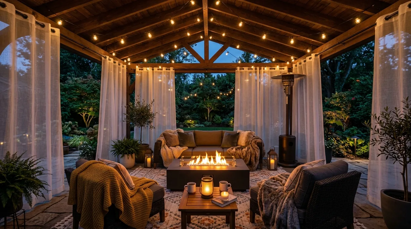 Keep the palette warm and grounded instead of summery inspiration for an outdoor winter patio.